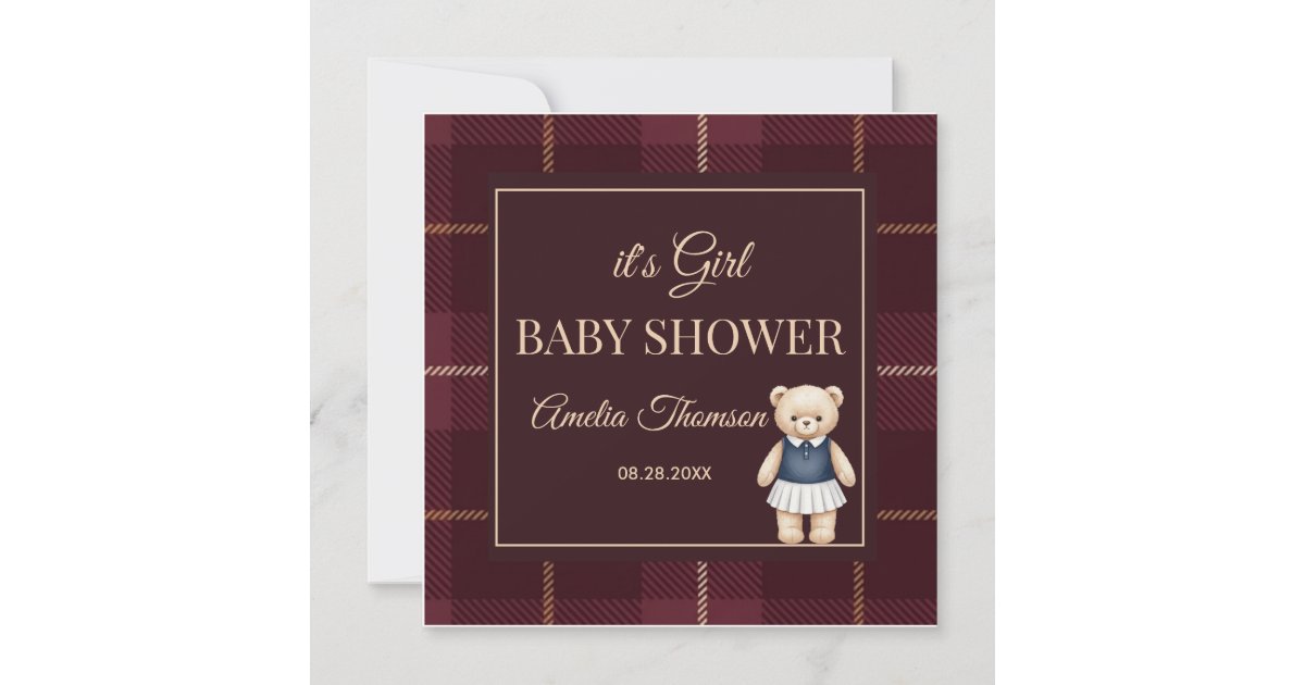 Classic Polo Teddy Bear Preppy Plaid Baby Shower Invitation | Zazzle