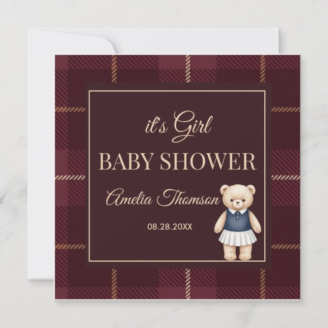 Classic Polo Teddy Bear Preppy Plaid Baby Shower  Invitation (Front)