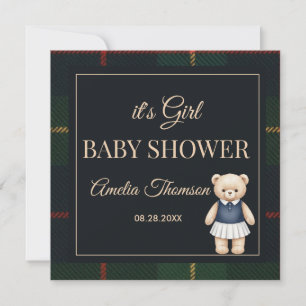 Classic Polo Teddy Bear Preppy Plaid Baby Shower Invitation