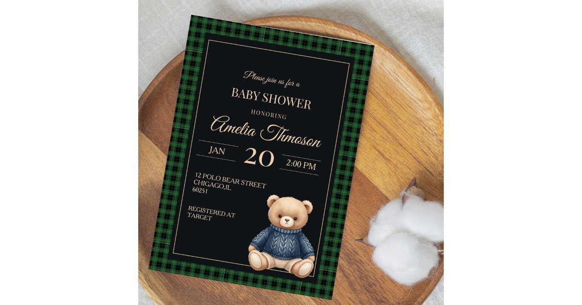 Classic Polo Teddy Bear Preppy Plaid Baby Shower Invitation | Zazzle