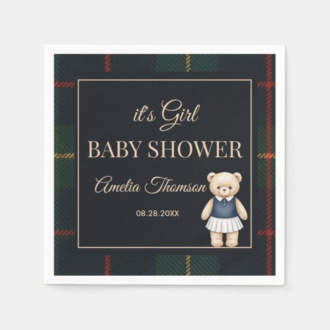 Classic Polo Teddy Bear Preppy Plaid Baby Shower  Napkins (Front)