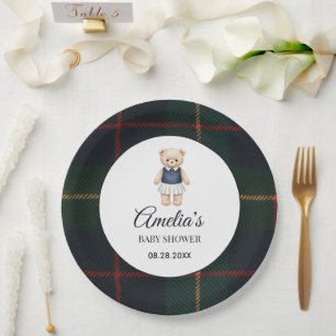Classic Polo Teddy Bear Preppy Plaid Baby Shower Paper Plates