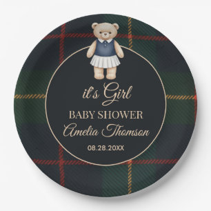 Classic Polo Teddy Bear Preppy Plaid Baby Shower Paper Plates
