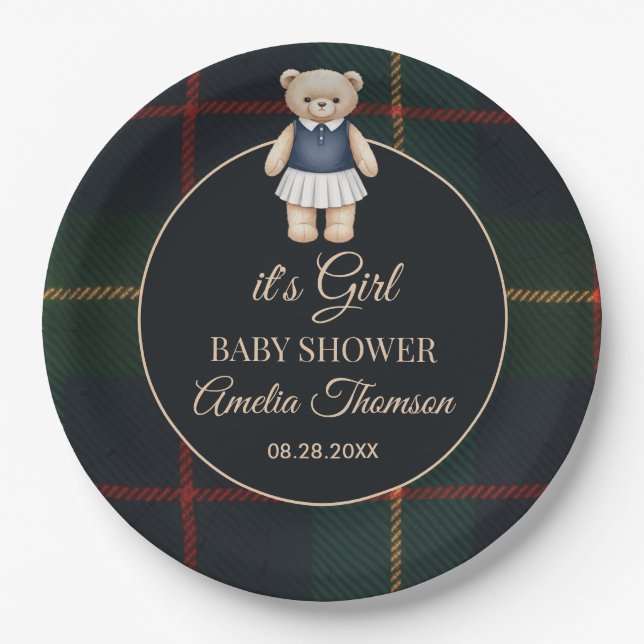 Classic Polo Teddy Bear Preppy Plaid Baby Shower  Paper Plates (Front)