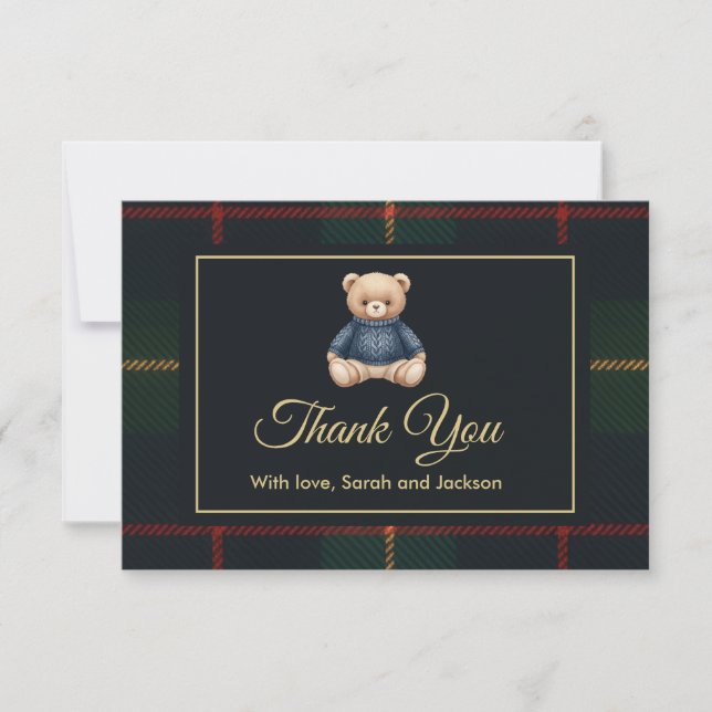 Classic Polo Teddy Bear Preppy Plaid Baby Shower  Thank You Card (Front)