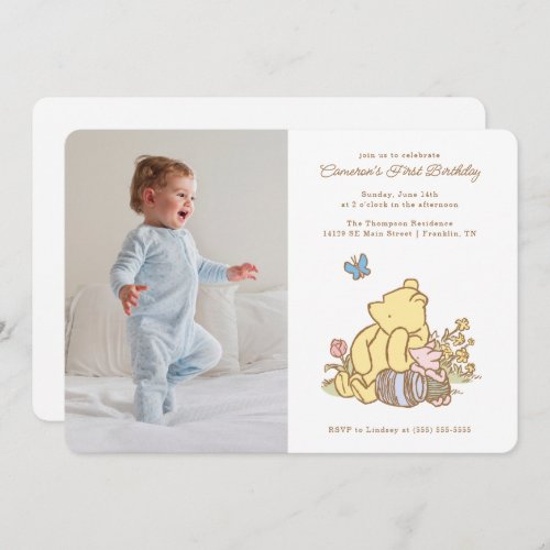 Classic Pooh and Piglet First Birthday _ Photo Invitation