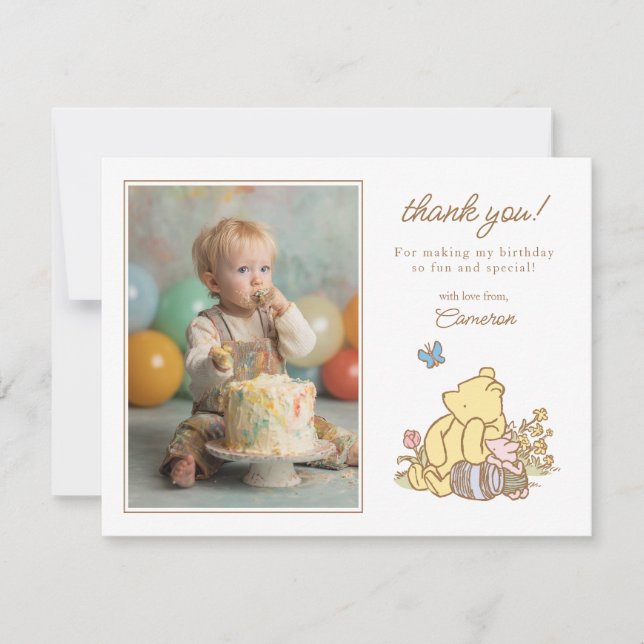 Classic Pooh and Piglet First Birthday Thank You Card (Front)