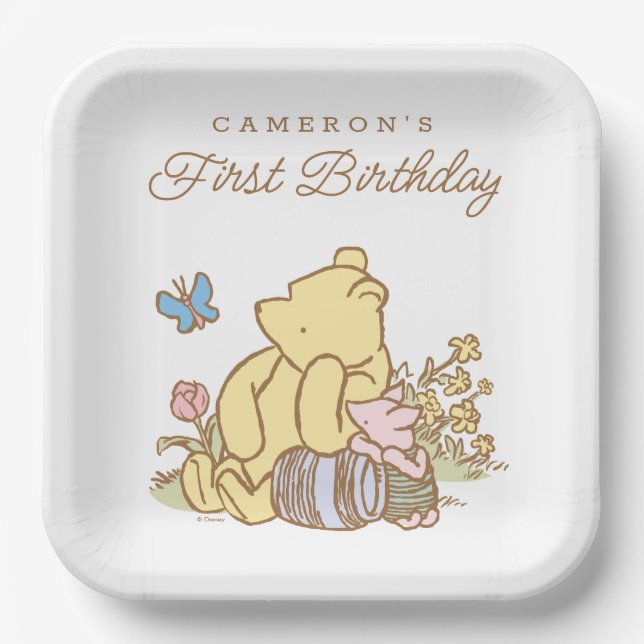 Classic Pooh & Piglet Baby Birthday Paper Plates (Front)