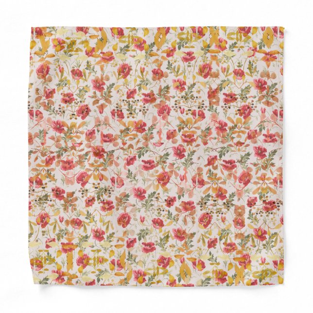 Classic Poppy Pink & Olive Buds Floral Pattern  Bandana (Front)