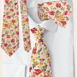 Classic Poppy Pink & Olive Buds Floral Pattern Neck Tie
