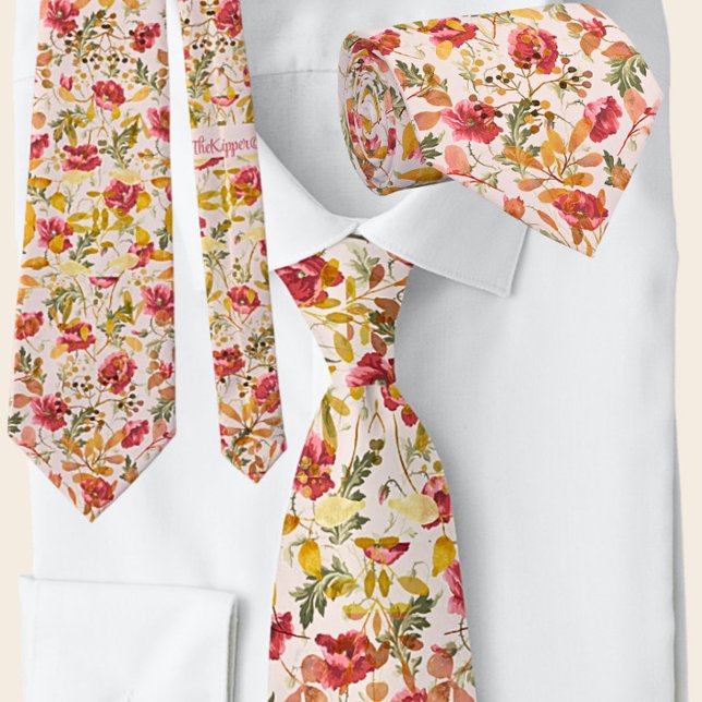 Classic Poppy Pink & Olive Buds Floral Pattern Neck Tie (Creator Uploaded)