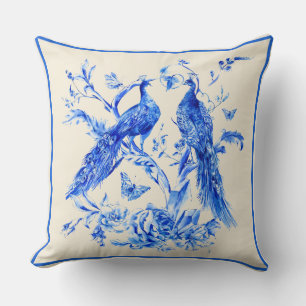 Classic Porcelain Blue Peacocks Cream Background Throw Pillow