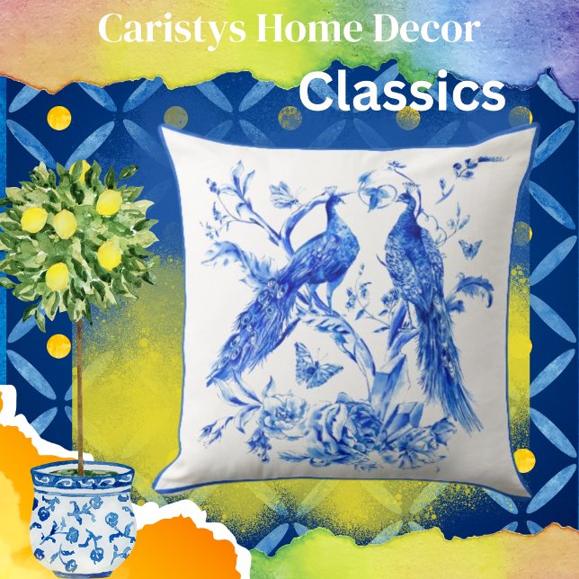 Classic Porcelain Blue Peacocks White Background Throw Pillow (Creator Uploaded)