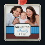Classic portrait blue stripe band Christmas photo Metal Ornament<br><div class="desc">Mark your favorite family moment with this easy to customize holiday ornament. Design features your portrait with a classically notched corners frame bearing your family name. and year. Deck the halls with some personality! Preserve your life moments with these quality holiday ornaments so your family may cherish them every year....</div>