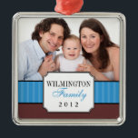 Classic portrait blue stripe band Christmas photo Metal Ornament<br><div class="desc">Mark your favorite family moment with this easy to customize holiday ornament. Design features your portrait with a classically notched corners frame bearing your family name. and year. Deck the halls with some personality! Preserve your life moments with these quality holiday ornaments so your family may cherish them every year....</div>