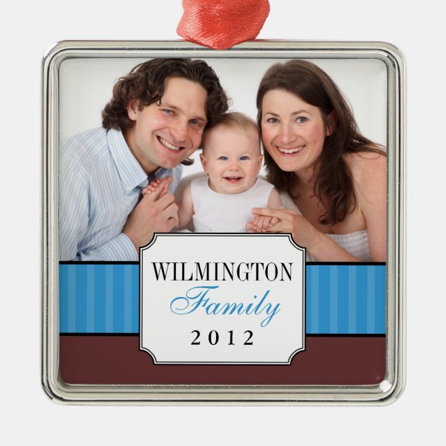 Classic portrait blue stripe band Christmas photo Metal Ornament (Front)