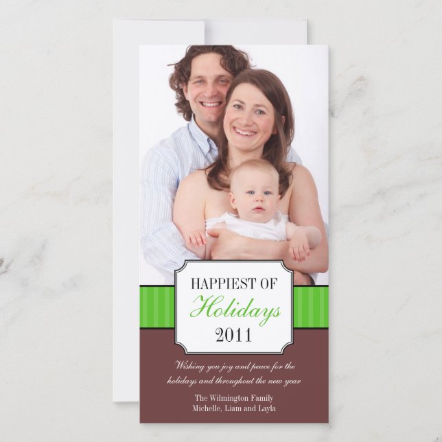 Classic portrait green stripe band Christmas photo Holiday Card (Front)