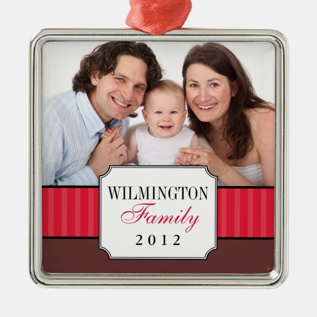 Classic portrait red stripe band Christmas photo Metal Ornament (Front)