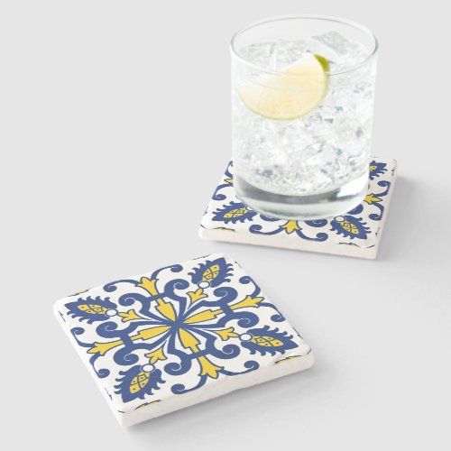 Classic Portuguese Azulejo Decorative Blue Yellow Stone Coaster