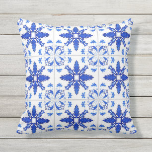 Classic Portuguese Tile Pattern Blue White Outdoor Pillow