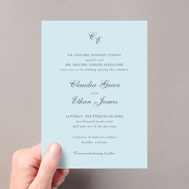 Classic Powder Blue Monogram Elegant Wedding Acrylic Invitations (Insitu (Handheld))