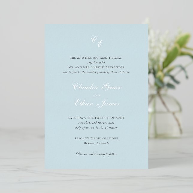 Classic Powder Blue Monogram Elegant Wedding Foil Invitation (Standing Front)