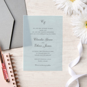 Classic Powder Blue Monogram Elegant Wedding Vellum Invitations