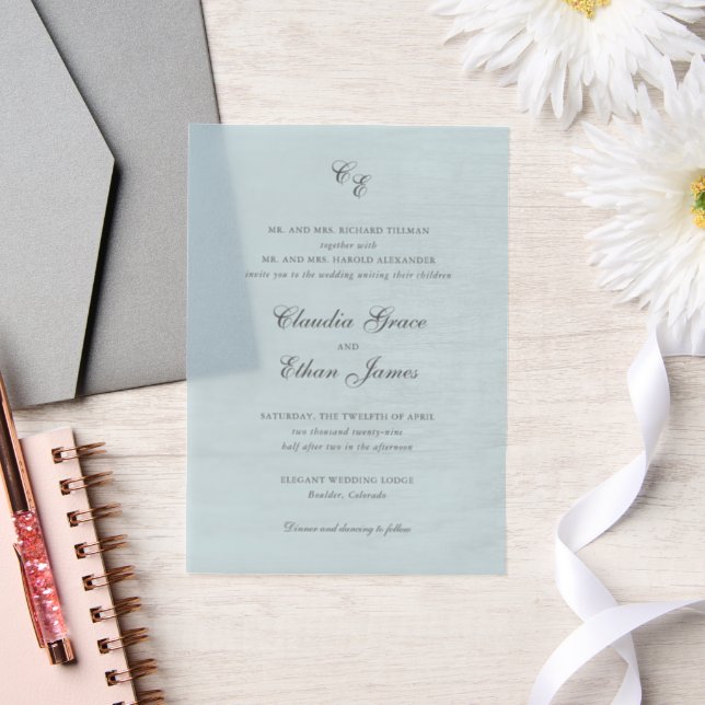 Classic Powder Blue Monogram Elegant Wedding Vellum Invitations (Wedding)