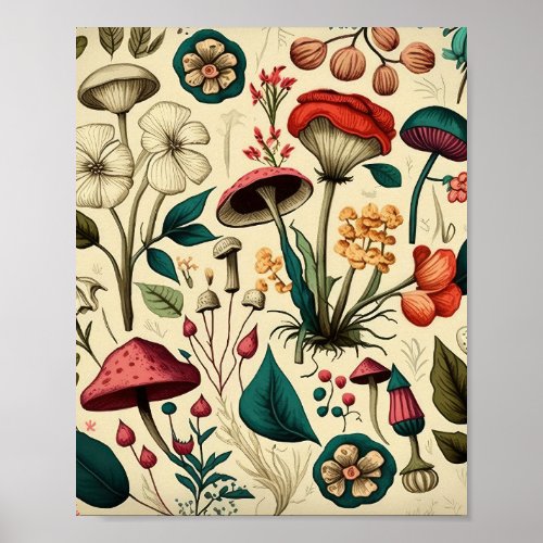 Classic Premium Mushroom and Flower Design Poster