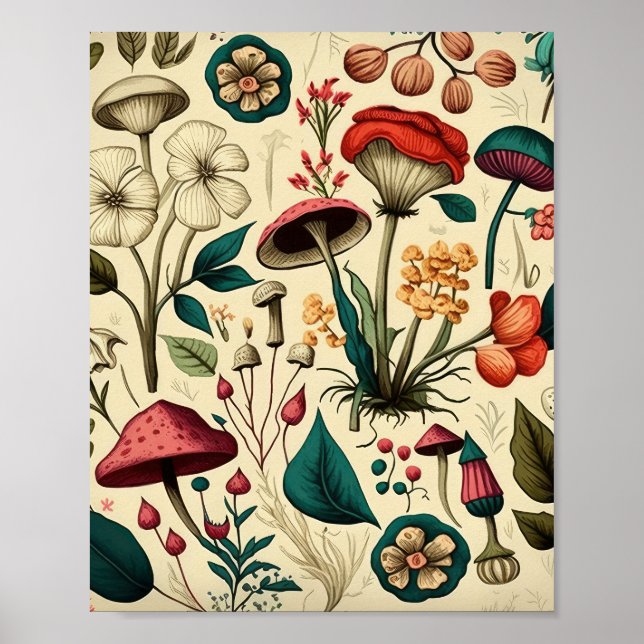 Classic Premium Mushroom and Flower Design Poster (Front)