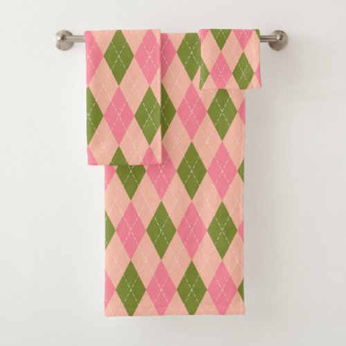 Classic Preppy Argyle in Pretty Pink and Green Bath Towel Set