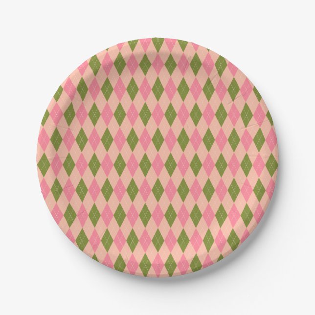 Classic Preppy Argyle in Pretty Pink and Green Paper Plates (Front)