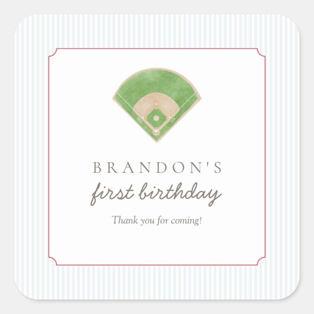 Classic Preppy Baseball First Birthday Rookie One Square Sticker (Front)