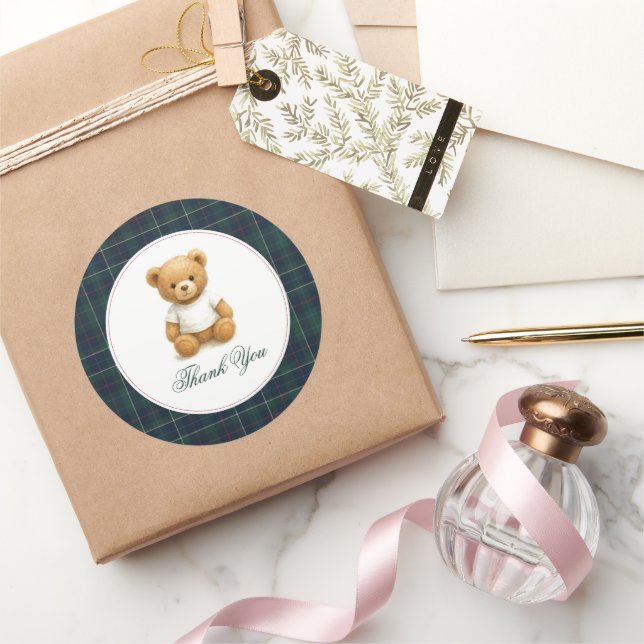 Classic Preppy Bear Baby Shower Thank You Round Sticker (Gifting)