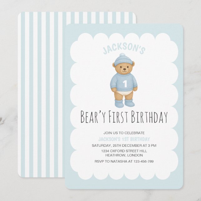 Classic Preppy Bear Blue Boy Birthday Invitation (Front/Back)