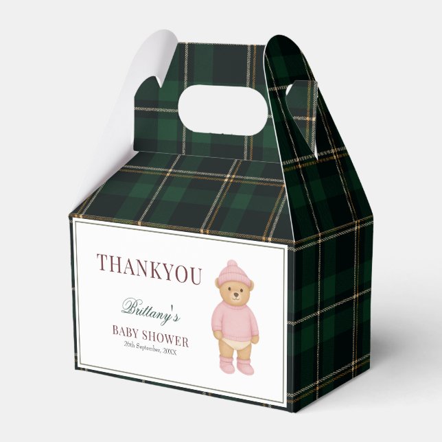 Classic Preppy Bear Designer Plaid Baby Shower Favor Boxes (Front Side)