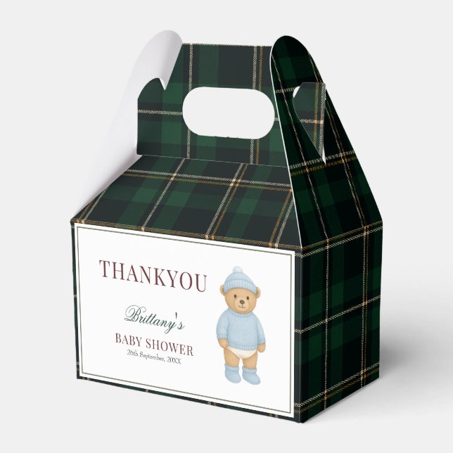 Classic Preppy Bear Designer Plaid Baby Shower Favor Boxes (Front Side)