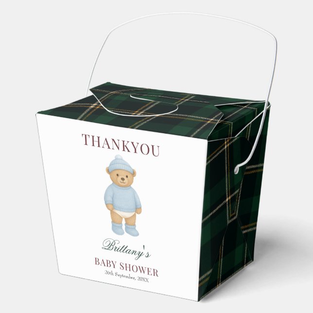 Classic Preppy Bear Designer Plaid Baby Shower Favor Boxes (Front)