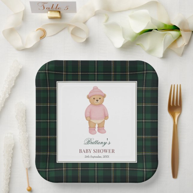 Classic Preppy Bear Designer Plaid Baby Shower Paper Plates (Wedding)