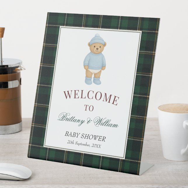 Classic Preppy Bear Designer Plaid Baby Shower Pedestal Sign (In SItu)