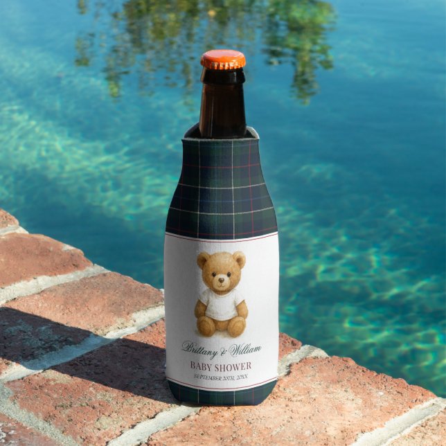 Classic Preppy Bear Green Plaid Baby Shower  Bottle Cooler (In Situ Pool)