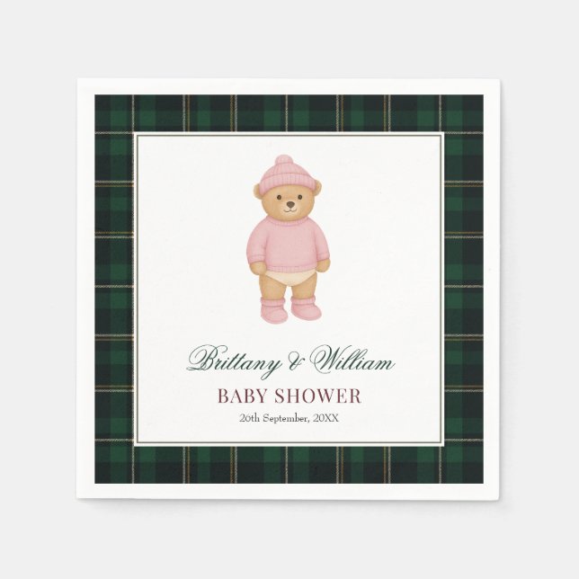 Classic Preppy Bear Green Tartan Plaid Baby Shower Napkins (Front)
