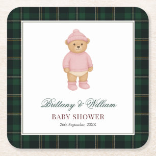 Classic Preppy Bear Green Tartan Plaid Baby Shower Square Paper Coaster