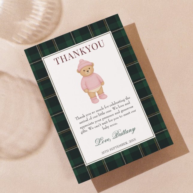 Classic Preppy Bear Pink Baby Shower Thank You Card (Creator Uploaded)