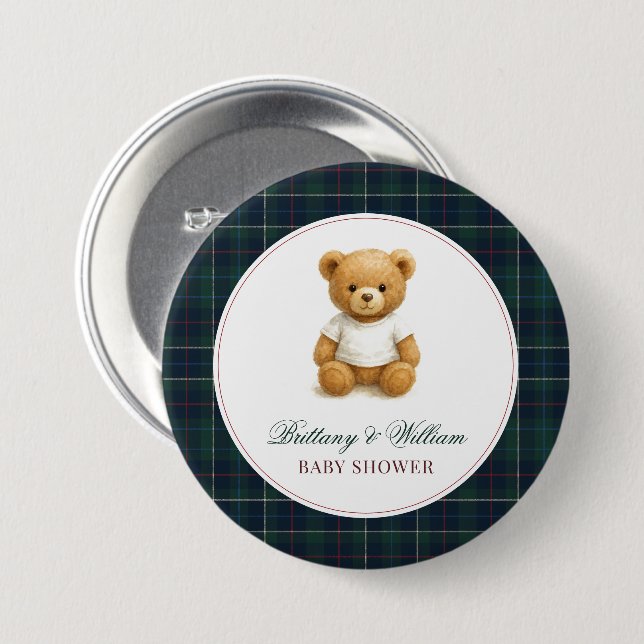 Classic Preppy Bear Plaid Baby Shower  Button (Front & Back)