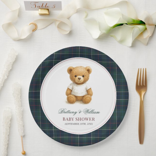 Classic Preppy Bear Plaid Baby Shower  Paper Plates (Wedding)