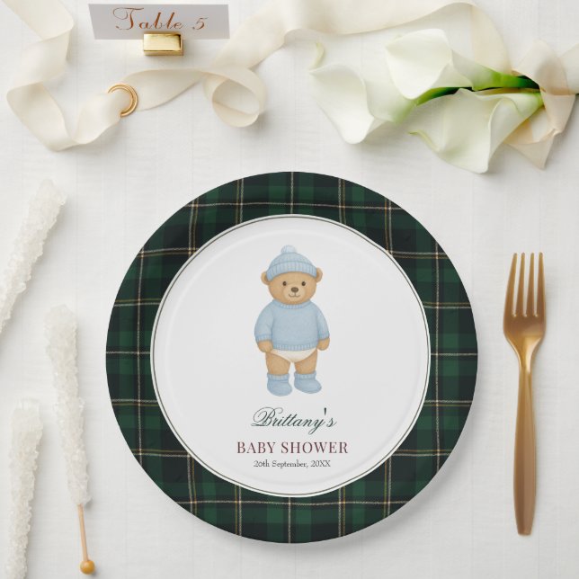 Classic Preppy Bear Tartan Baby Shower Paper Plates (Wedding)