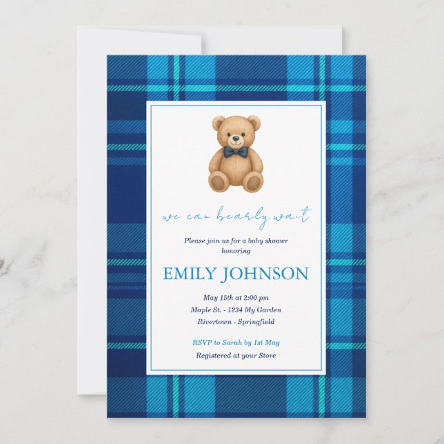 Classic Preppy Blue Plaid Teddy Bear Baby Shower Invitation (Front)