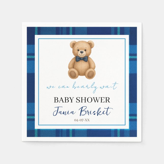 Classic Preppy Blue Plaid Teddy Bear Baby Shower Napkins (Front)