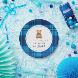 Classic Preppy Blue Plaid Teddy Bear Baby Shower Paper Plates